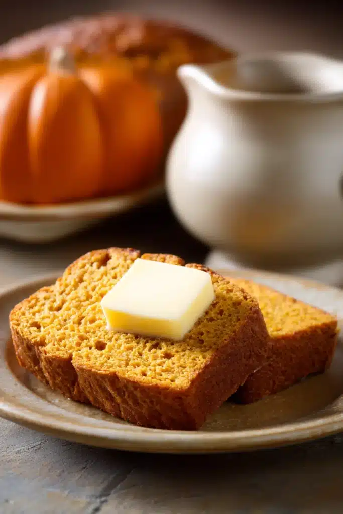 Close-up of pumpkin bread with butter on a clean background, highlighting textures and warm tones.