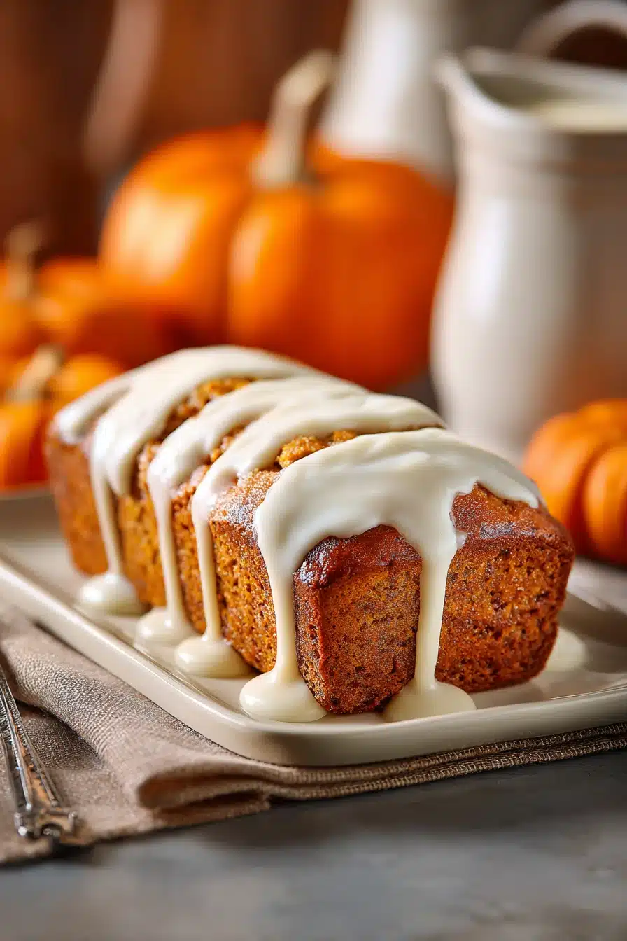 Close-up of pumpkin bread with vanilla pudding, showcasing its moist texture and golden crust.