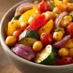Close-up of roasted chickpeas and vegetables with bright colors and minimal background.