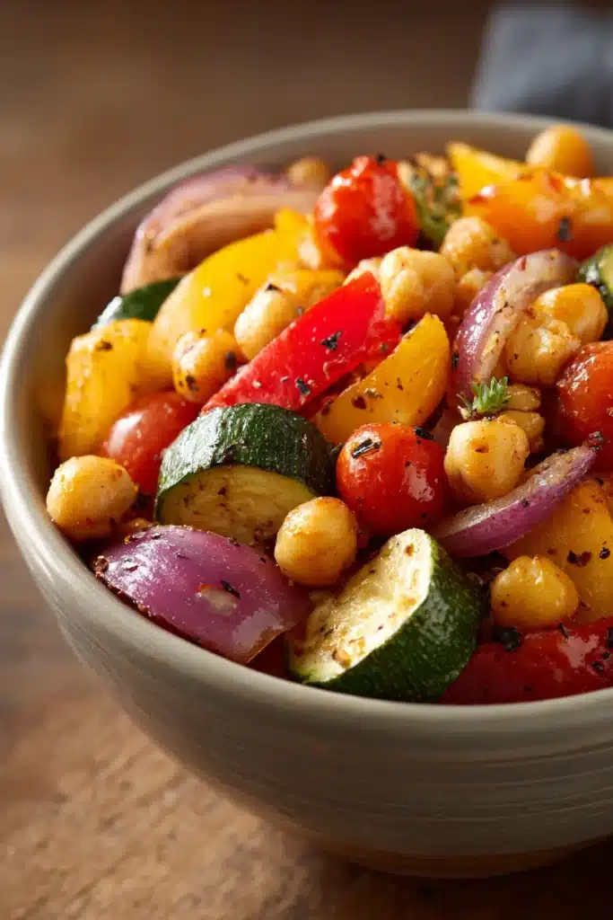 Close-up of roasted chickpeas and vegetables with bright colors and minimal background.