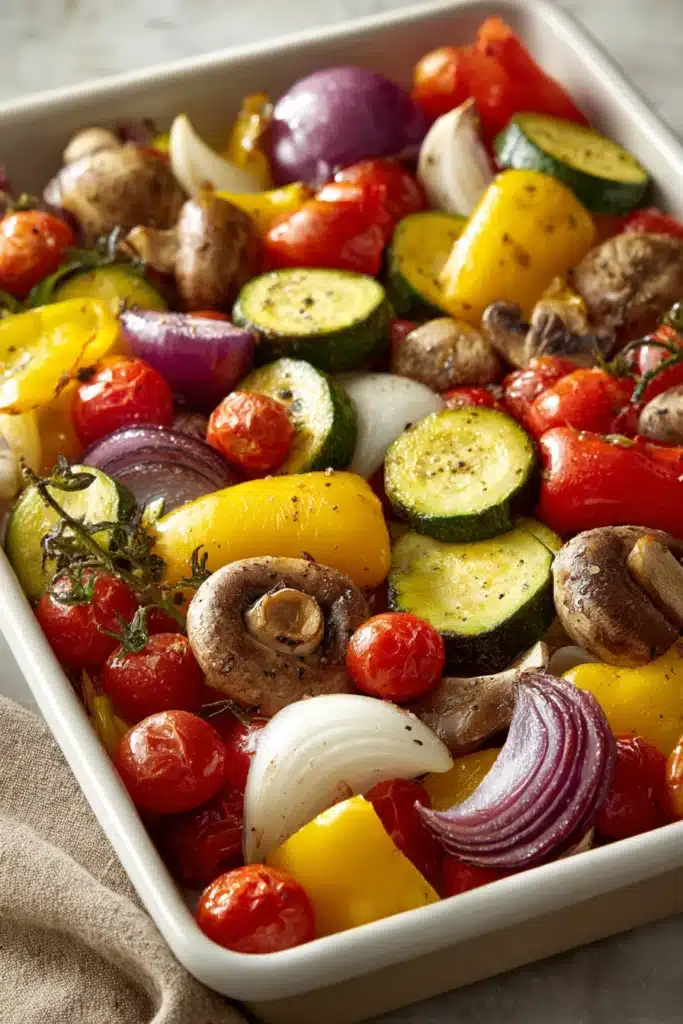 Close-up of colorful roasted vegetables on a sheet pan with a clean background.
