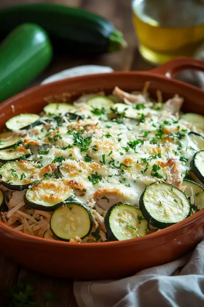Close-up of a rotisserie chicken and zucchini casserole with golden cheese topping