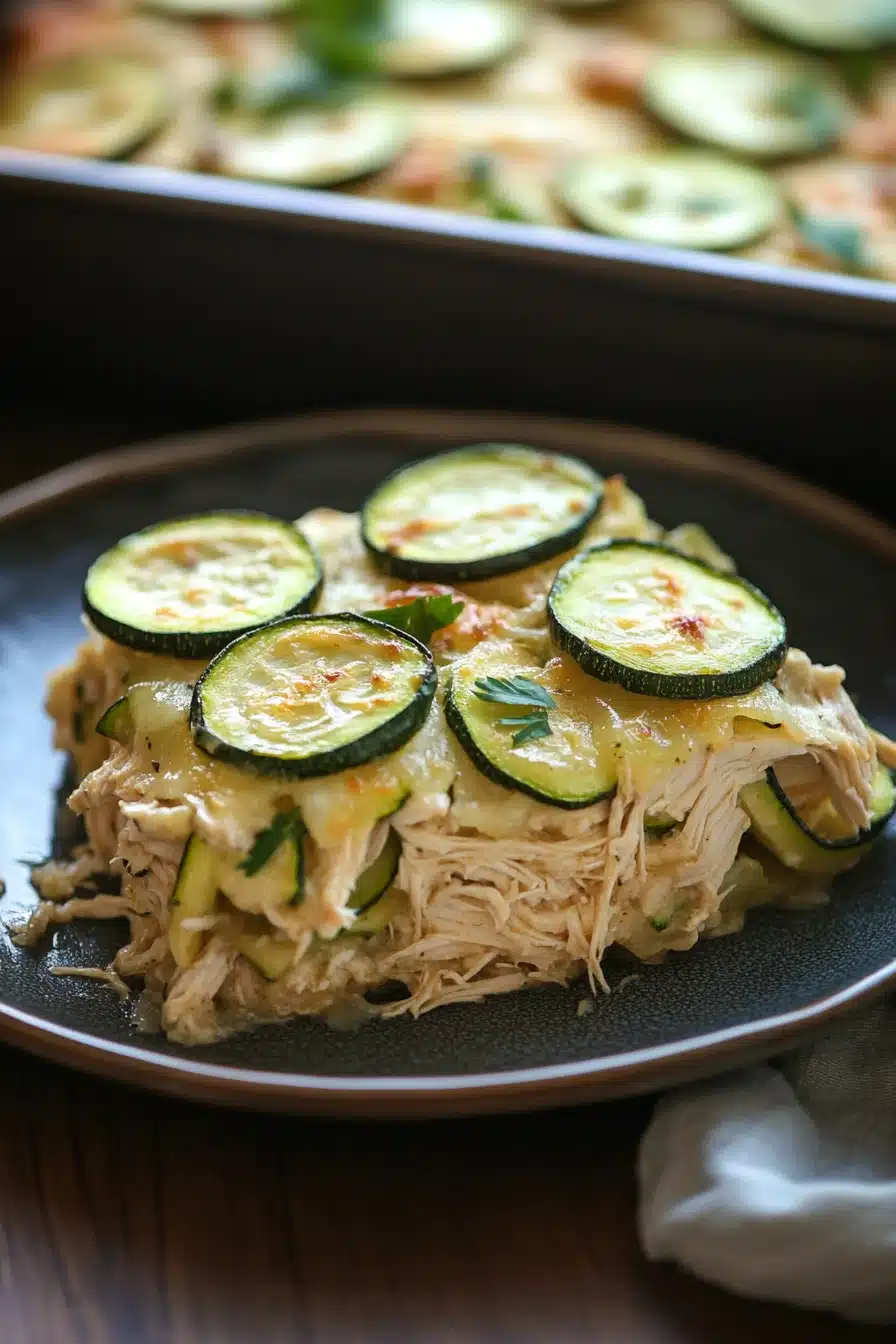 Close-up of a rotisserie chicken and zucchini casserole with golden cheese topping