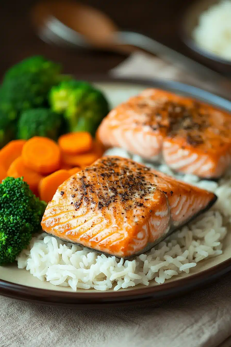Close-up of a salmon and rice dinner with bright natural lighting
