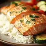 Close-up of a salmon and rice dinner with bright natural lighting