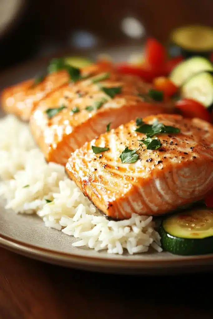 Close-up of a salmon and rice dinner with bright natural lighting