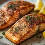 Close-up of salmon cooked in a ninja air fryer with a clean background