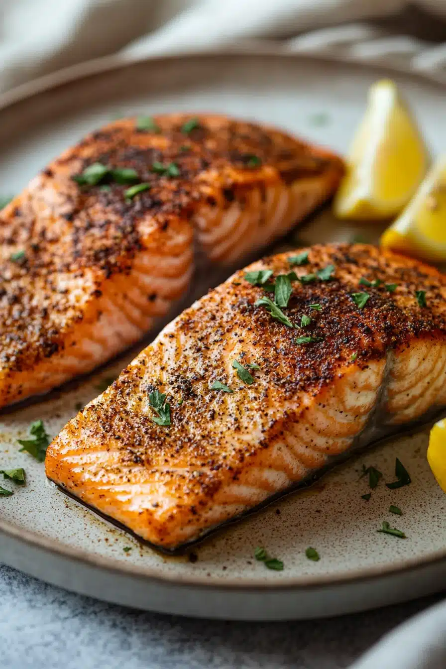 Close-up of salmon cooked in a ninja air fryer with a clean background