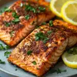 Close-up of salmon cooked in a ninja air fryer with a clean, bright background.