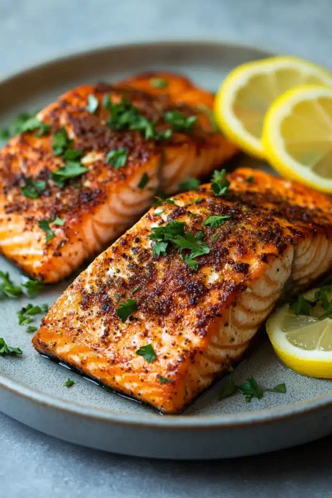 Close-up of salmon cooked in a ninja air fryer with a clean, bright background.