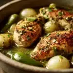 Close-up of Salsa Verde Chicken with creamy sauce and herbs on a white plate.