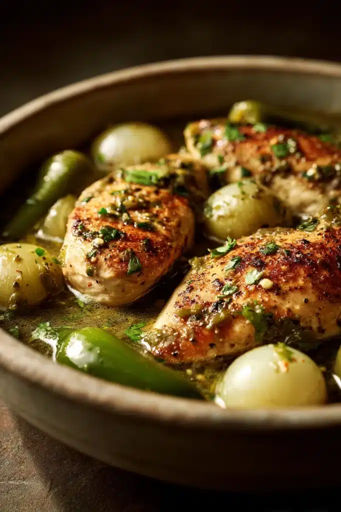 Close-up of Salsa Verde Chicken with creamy sauce and herbs on a white plate.