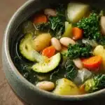 Close-up of Sardinian Longevity Soup with vibrant vegetables and herbs in a clear broth.