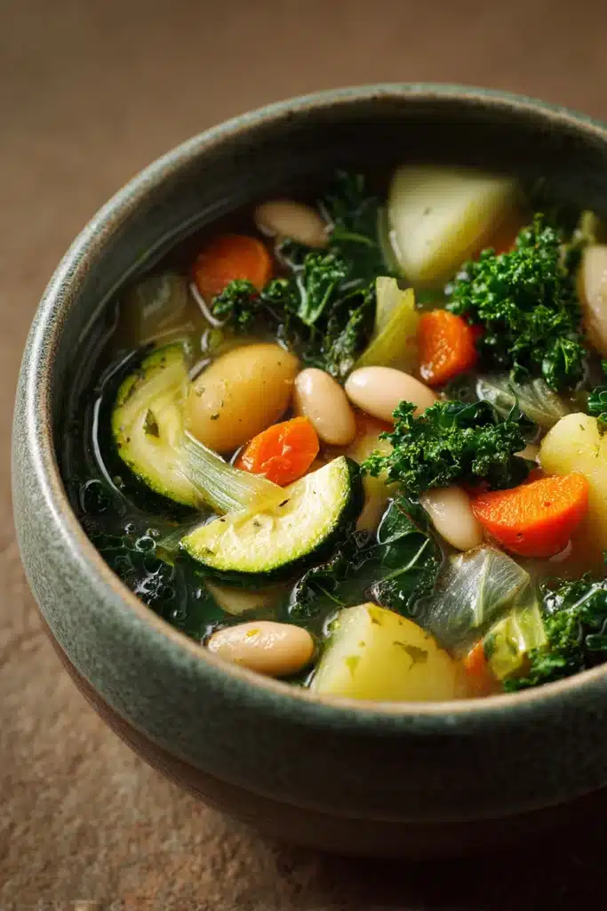 Close-up of Sardinian Longevity Soup with vibrant vegetables and herbs in a clear broth.