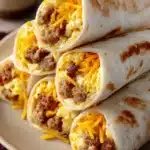 Close-up of sausage egg breakfast roll-ups with a golden brown crust and fresh herbs.