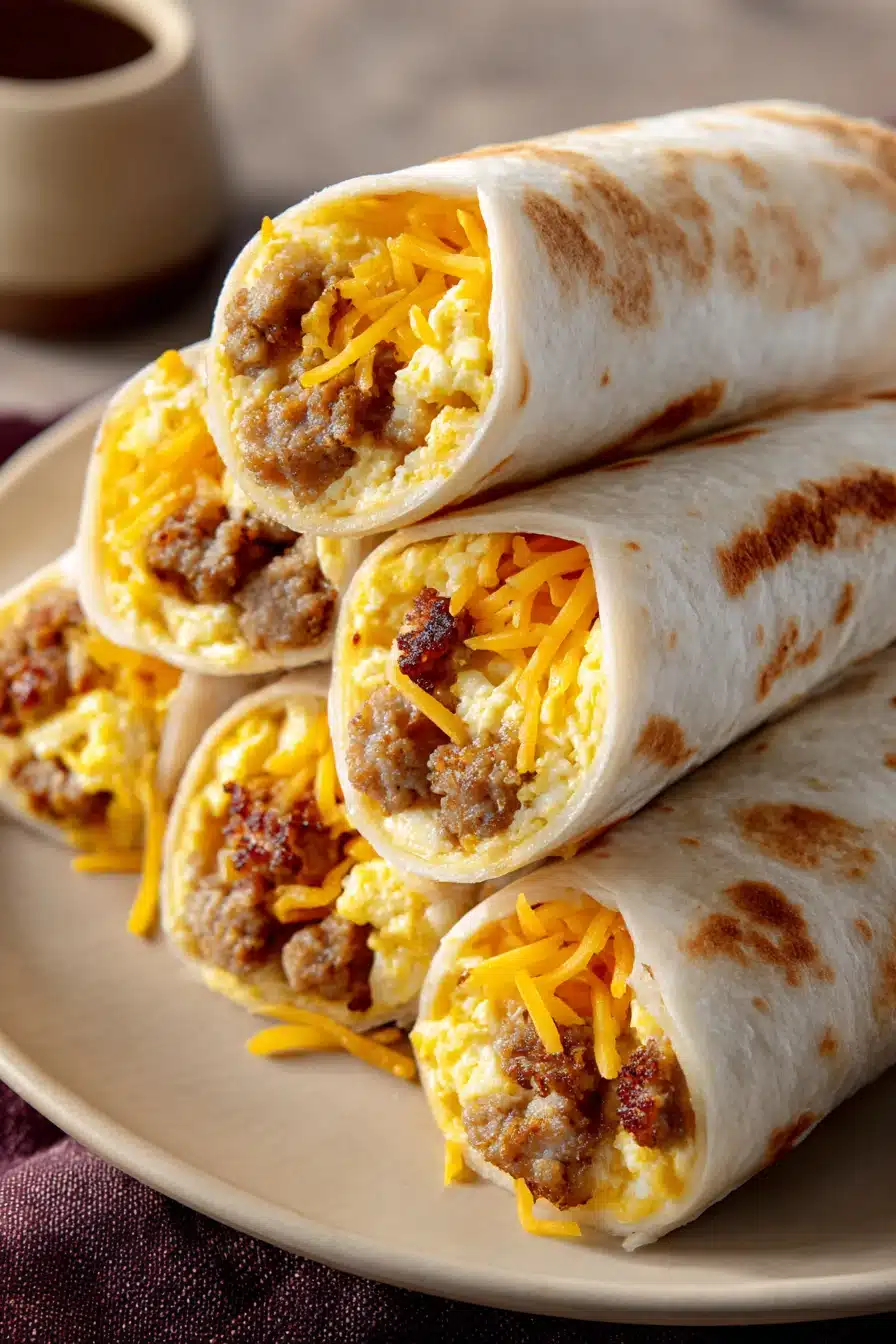 Close-up of sausage egg breakfast roll-ups with a golden brown crust and fresh herbs.