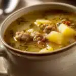 Close-up of sausage potato soup with visible chunks of sausage and potatoes in a creamy broth.