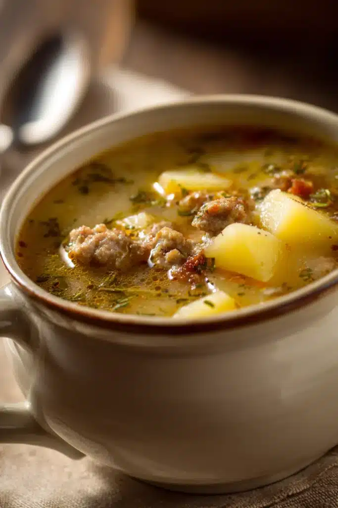 Close-up of sausage potato soup with visible chunks of sausage and potatoes in a creamy broth.