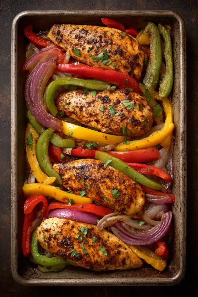 Close-up of sheet pan chicken fajitas with colorful peppers and onions