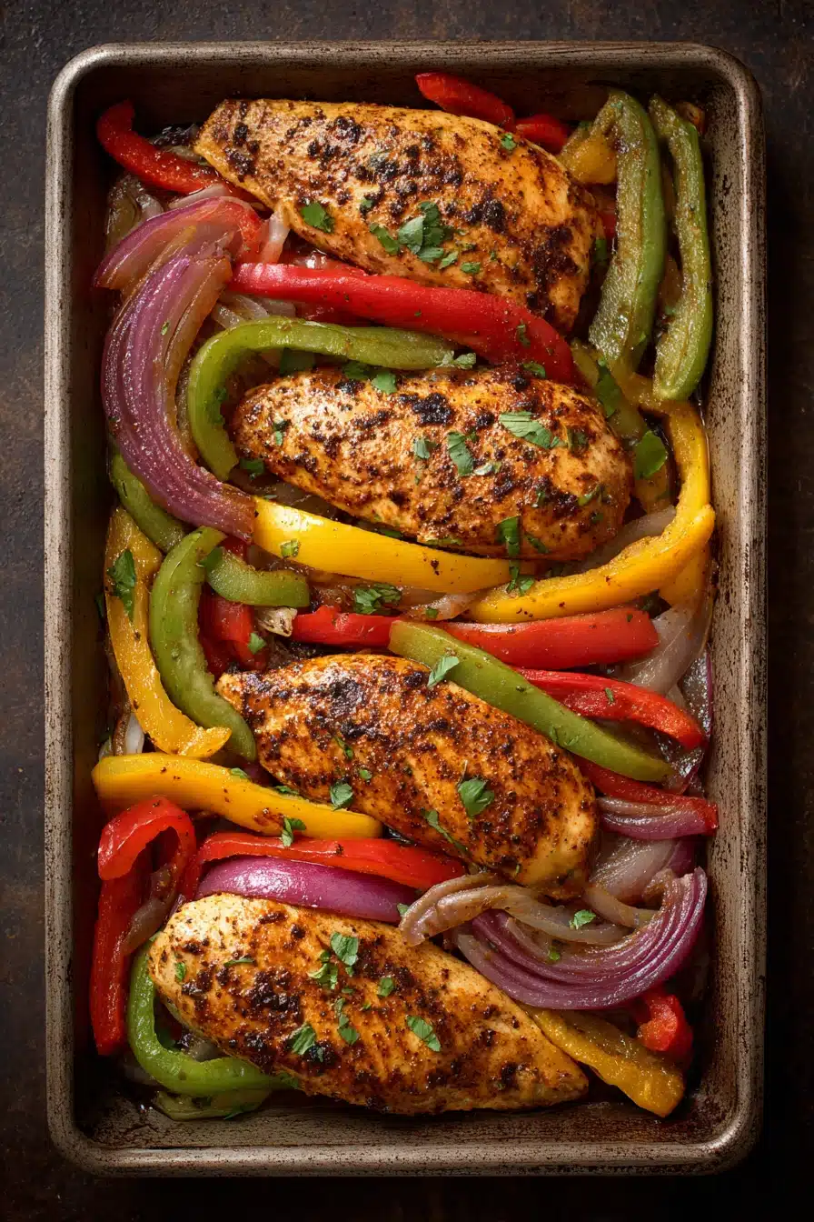 Close-up of sheet pan chicken fajitas with colorful peppers and onions