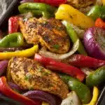 Close-up of colorful sheet pan chicken fajitas with peppers and onions