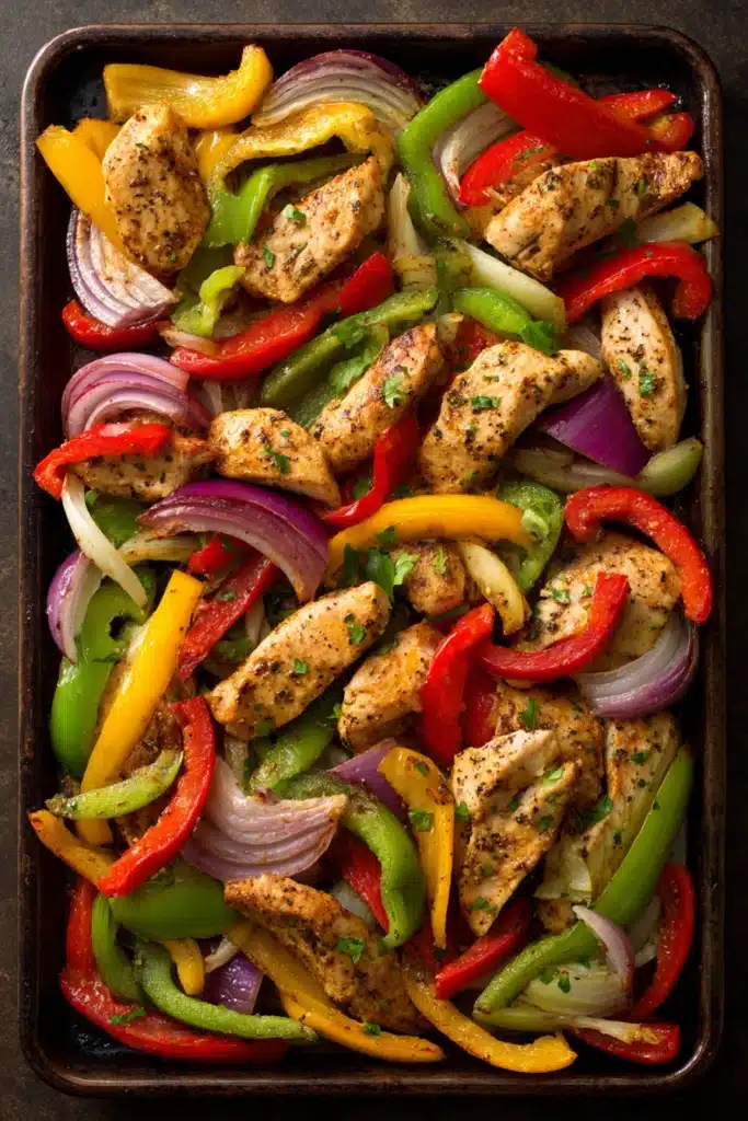 Close-up of sheet pan chicken fajitas with colorful peppers and onions