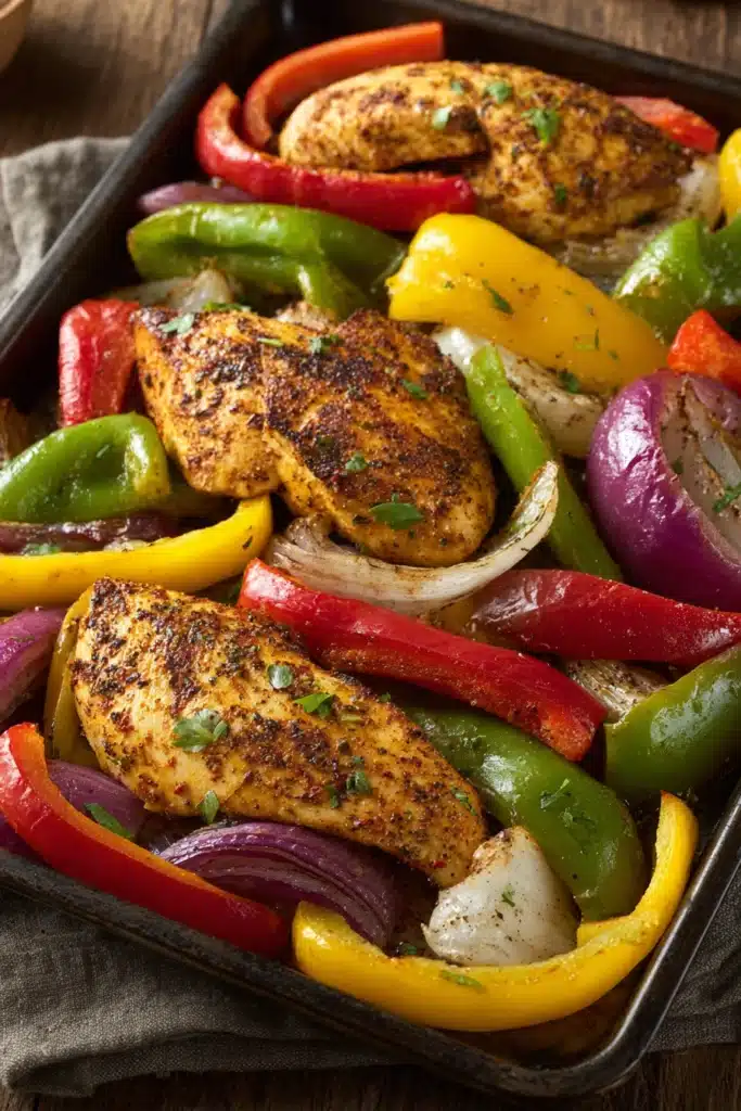 Close-up of colorful sheet pan chicken fajitas with peppers and onions