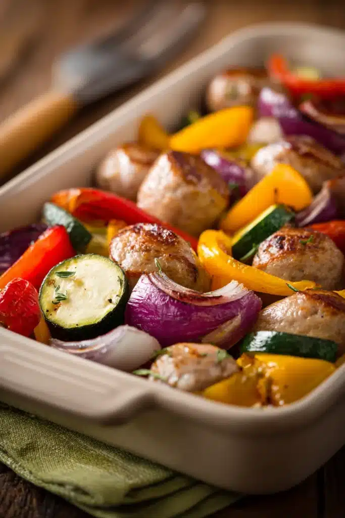 Sheet pan chicken sausage with roasted vegetables on a baking tray