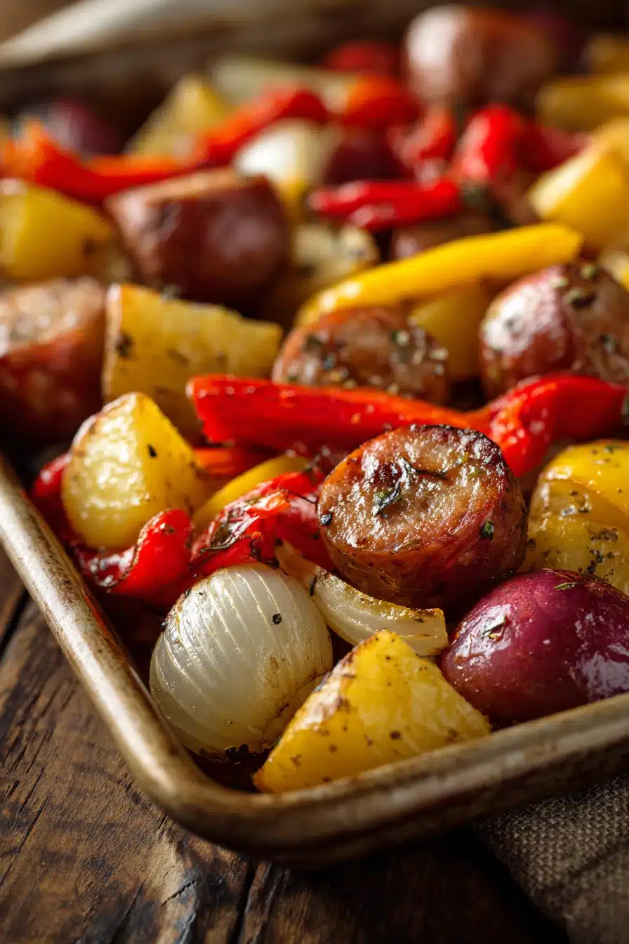Close-up of a sheet pan dinner with sausage and potatoes, featuring bright and natural lighting.
