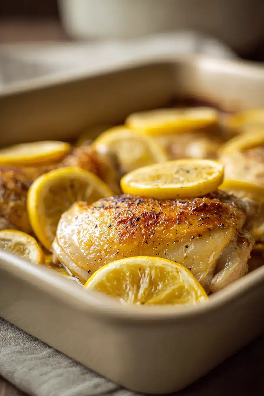 Close-up of sheet pan lemon chicken with bright, warm lighting and clean background.