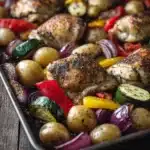 Close-up of sheet pan paprika chicken and veggies with bright natural lighting
