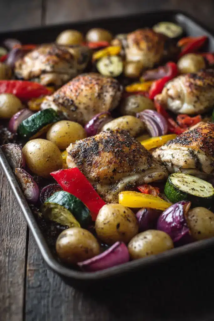 Close-up of sheet pan paprika chicken and veggies with bright natural lighting