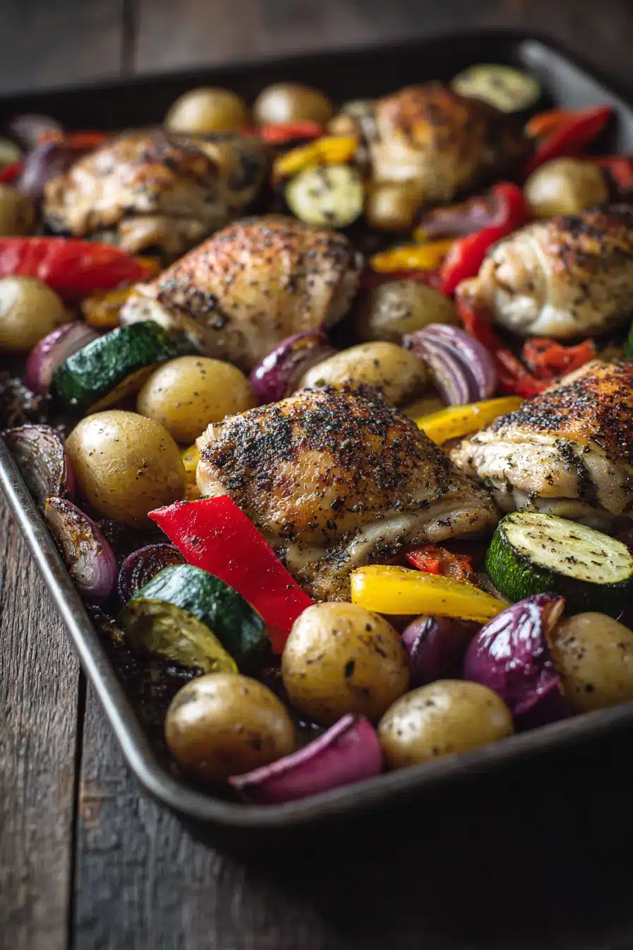 Close-up of sheet pan paprika chicken and veggies with bright natural lighting