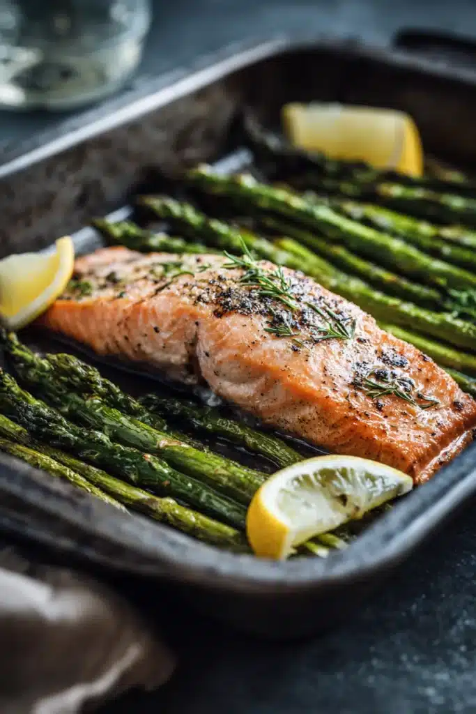 Close-up of roasted salmon and asparagus on a sheet pan with lemon slices