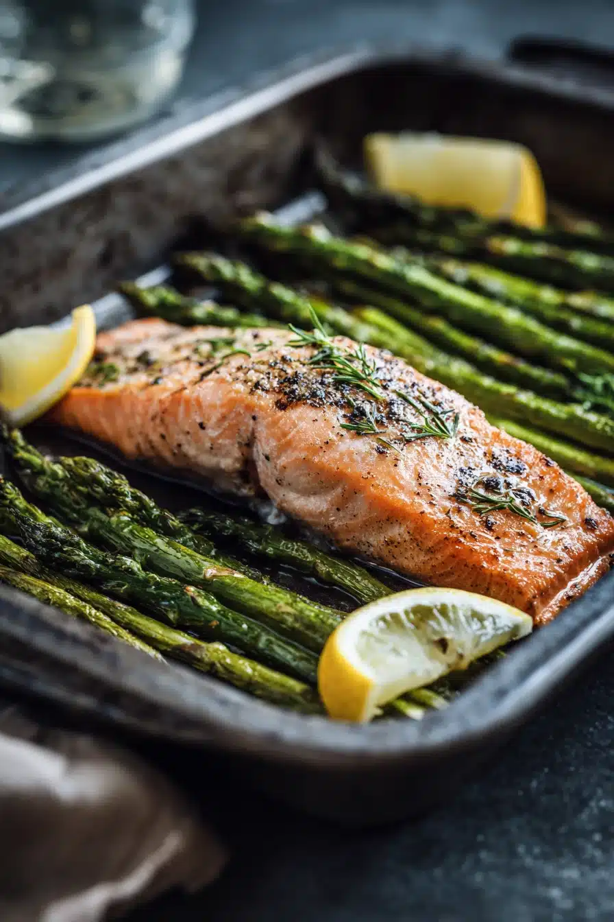 Close-up of roasted salmon and asparagus on a sheet pan with lemon slices