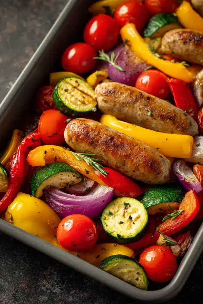 Close-up of sheet pan with roasted sausage and vegetables, vibrant and appetizing.
