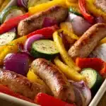 Close-up of a sheet pan with roasted sausage and colorful vegetables