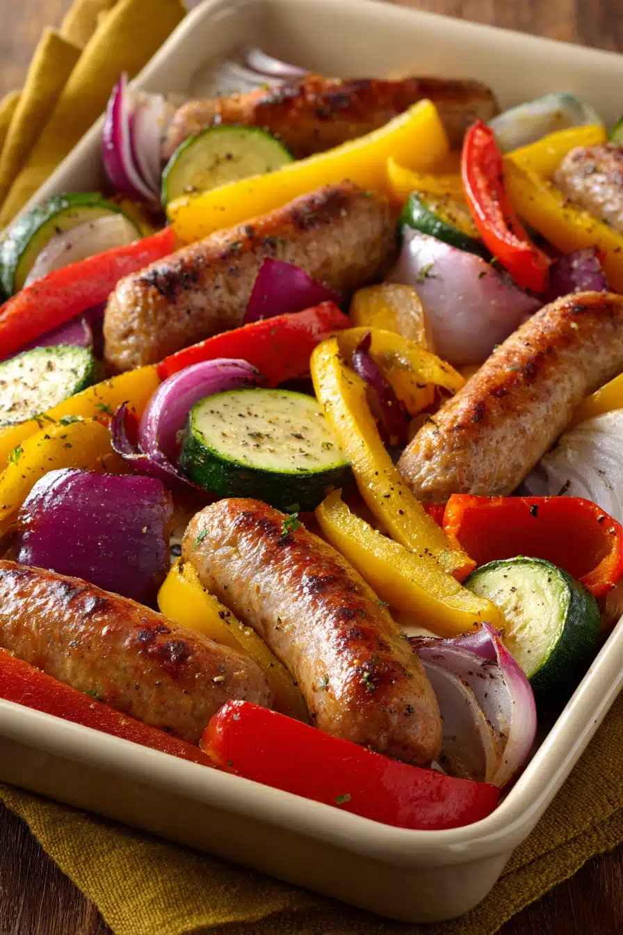 Close-up of a sheet pan with roasted sausage and colorful vegetables