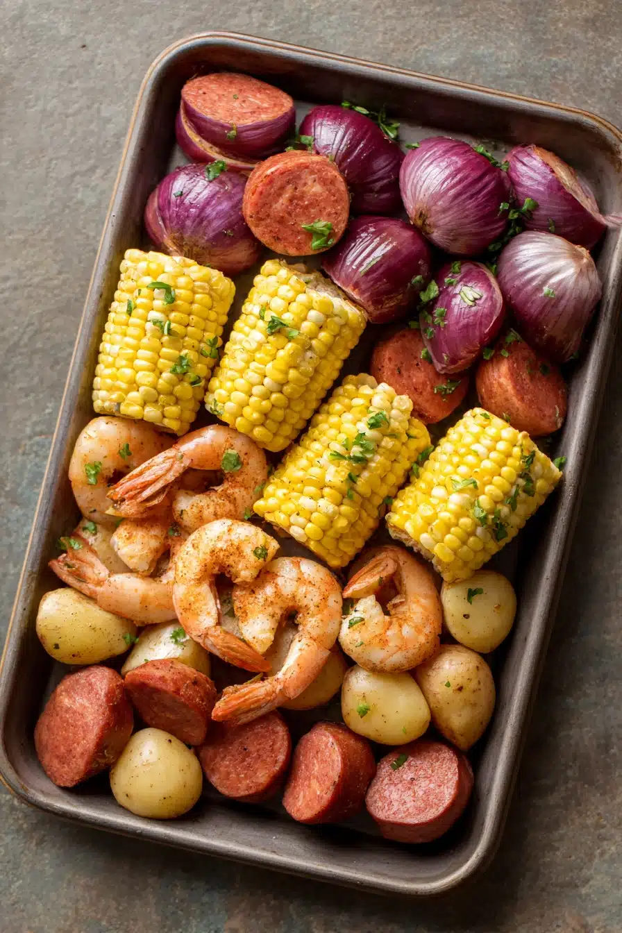 Close-up of a colorful sheet pan shrimp boil with corn, potatoes, and shrimp.