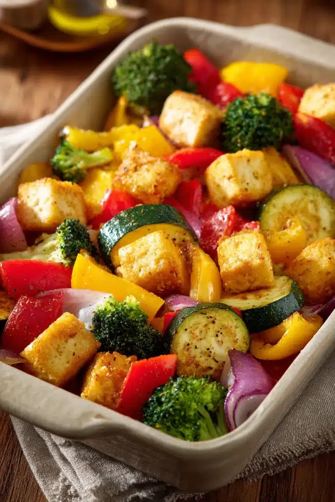 Close-up of roasted sheet pan tofu with colorful vegetables on a baking tray