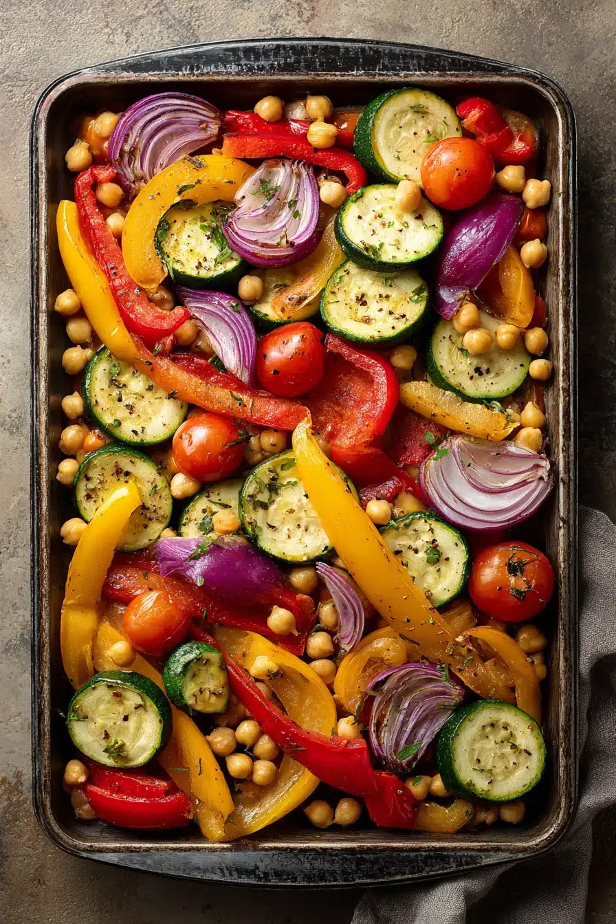 Close-up of a colorful sheet pan vegetarian dinner with roasted vegetables and herbs