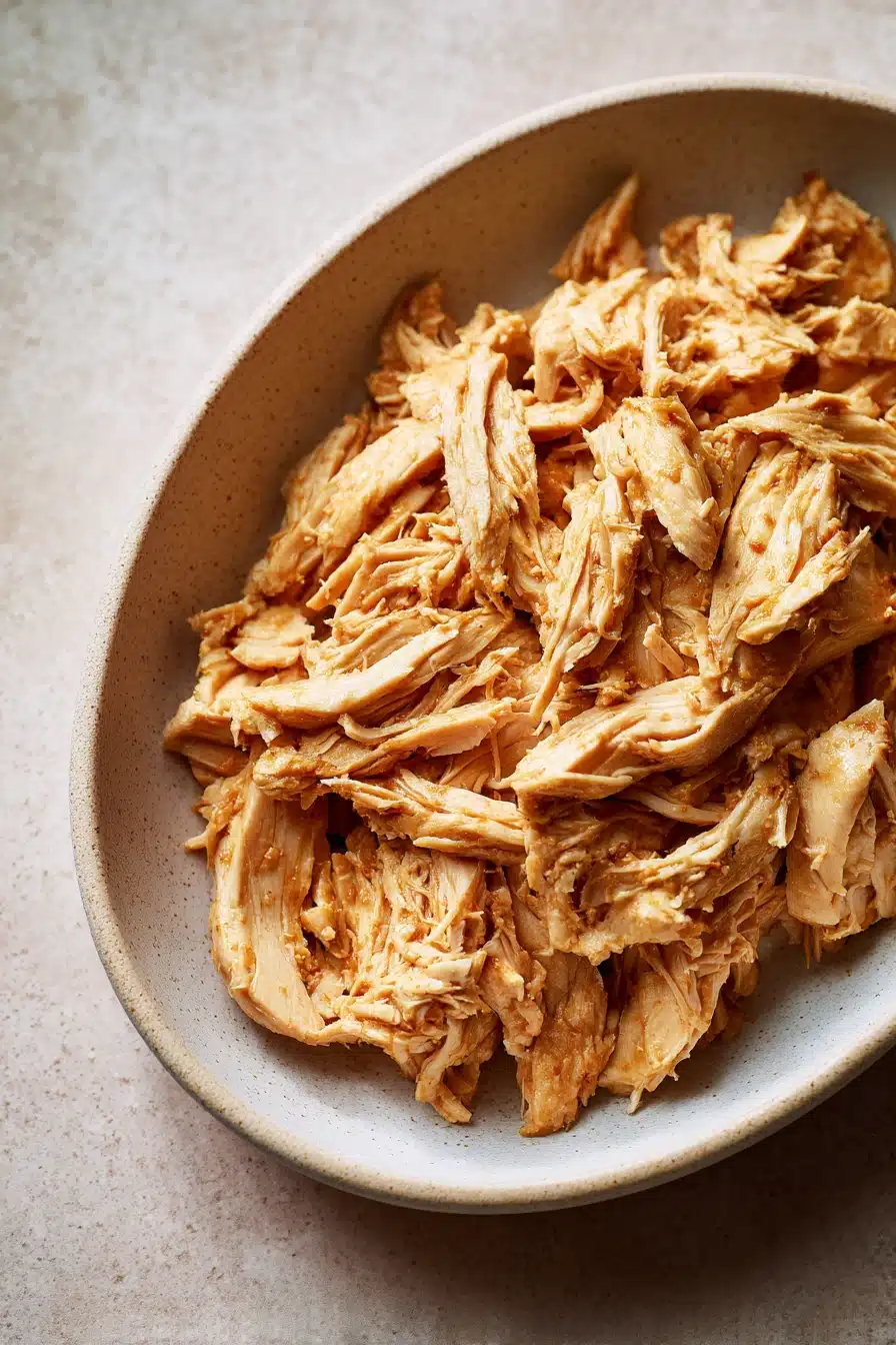 Close-up of shredded chicken meal prep with bright natural lighting and minimal background.