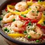 Close-up of a shrimp and rice skillet with bright lighting and clean background