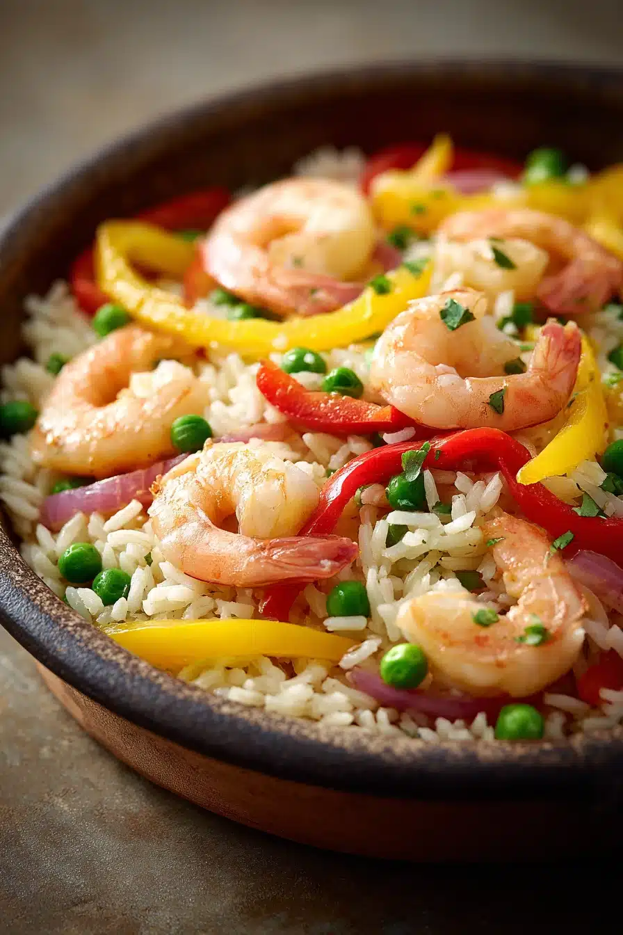 Close-up of a shrimp and rice skillet with bright lighting and clean background