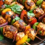 Close-up of skillet chicken kabobs with bright, natural lighting