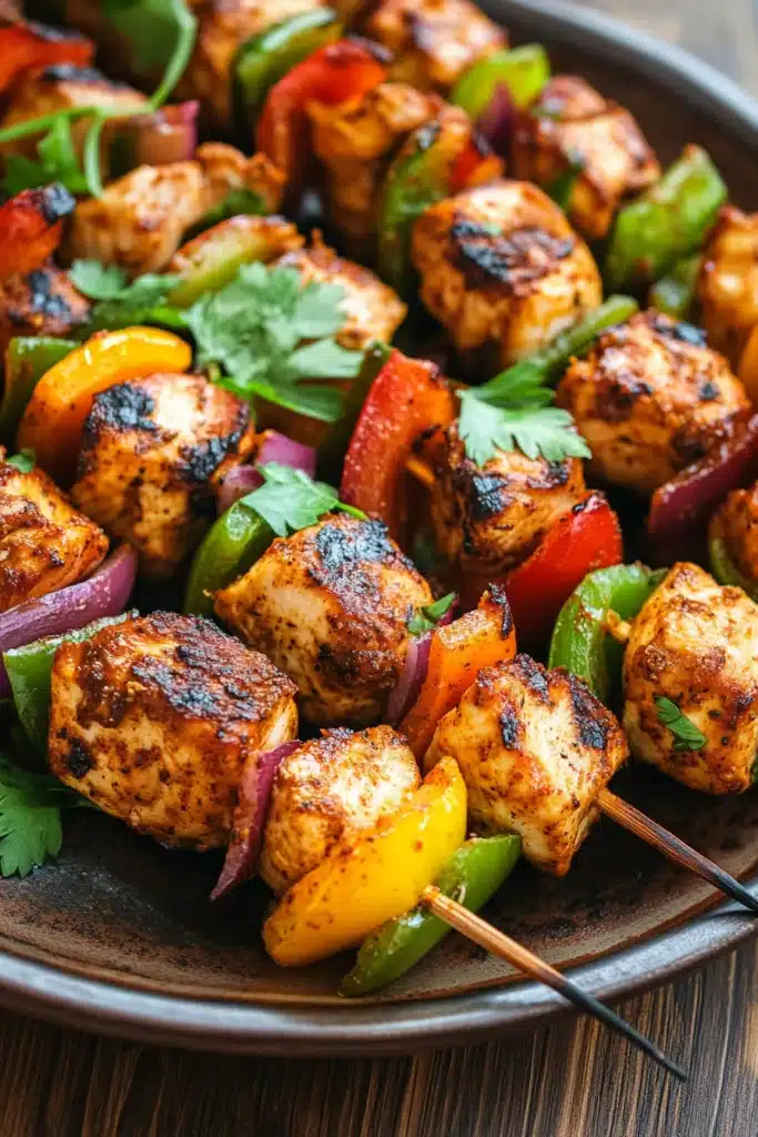 Close-up of skillet chicken kabobs with bright, natural lighting