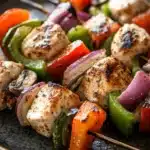 Close-up of skillet chicken kabobs with vibrant colors and minimal background