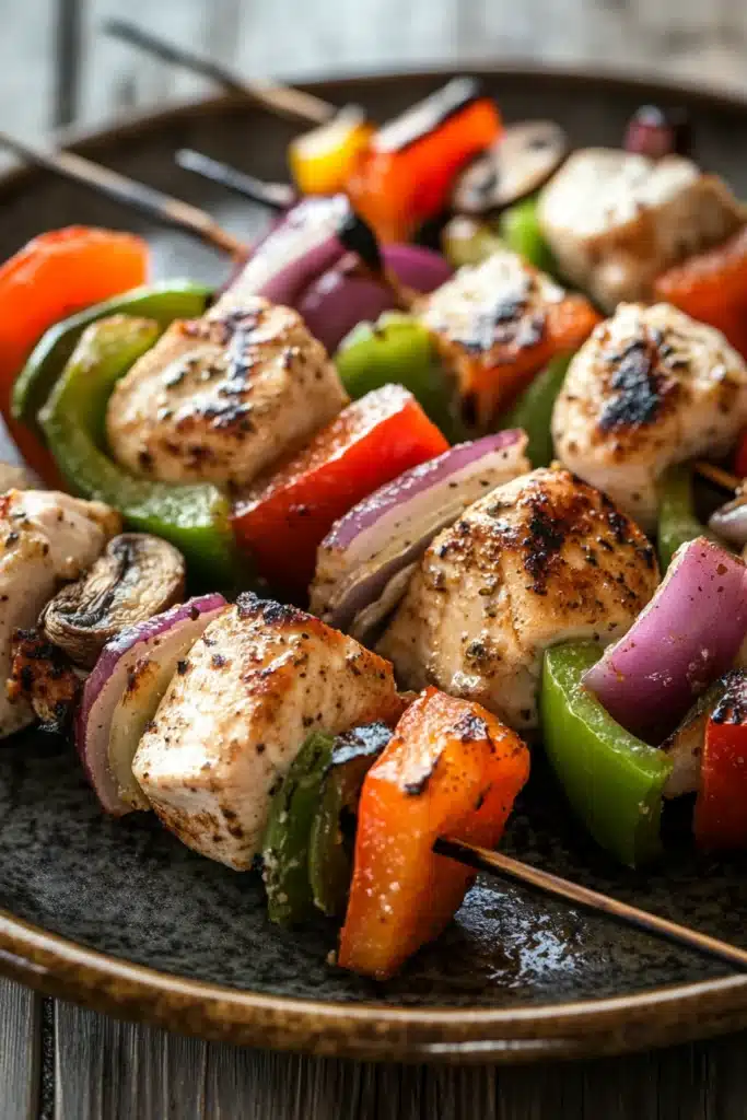 Close-up of skillet chicken kabobs with vibrant colors and minimal background