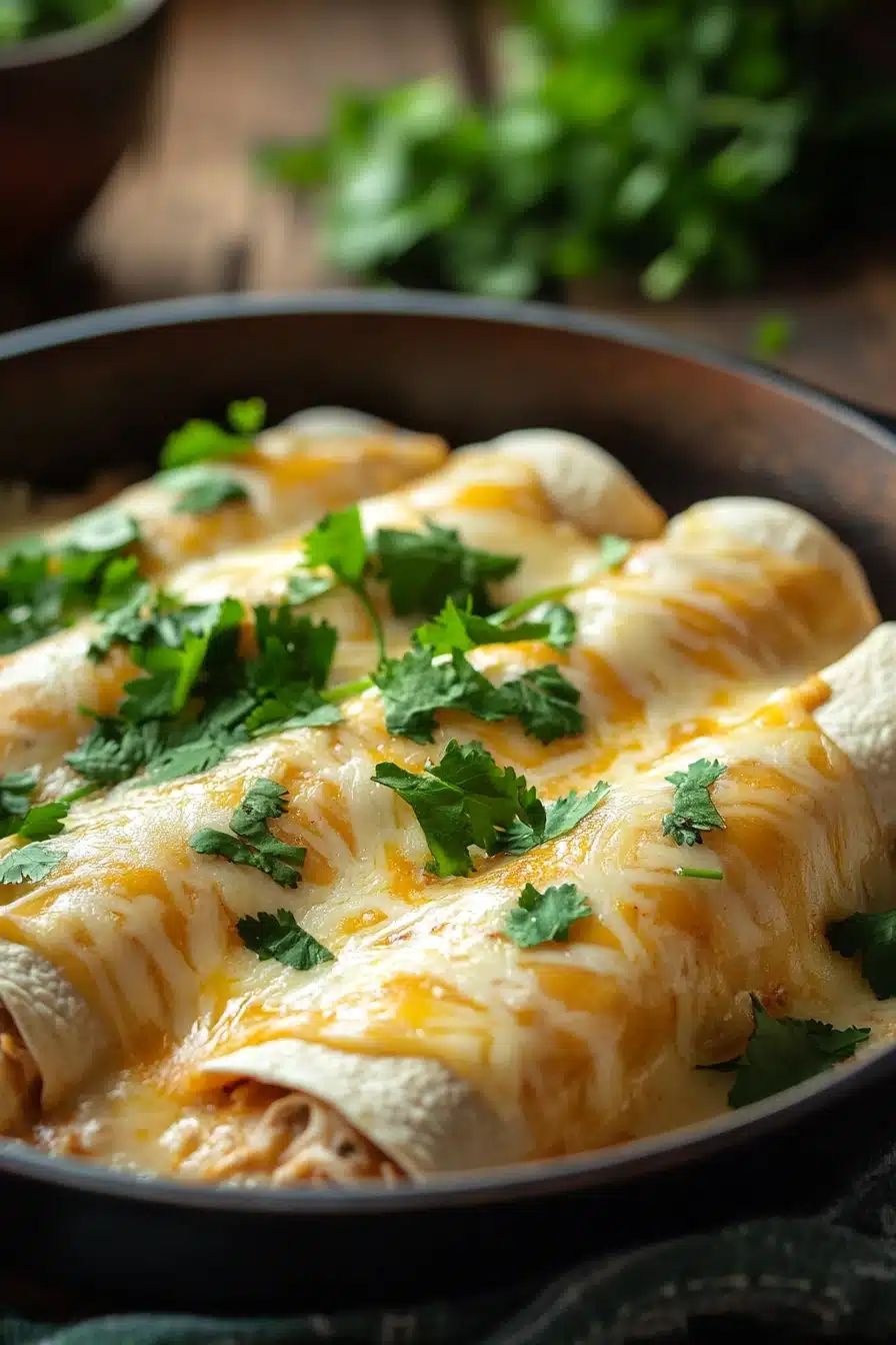 Close-up of skillet creamy chicken enchiladas with melted cheese and herbs