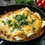 Close-up of skillet creamy chicken enchiladas with melted cheese and herbs
